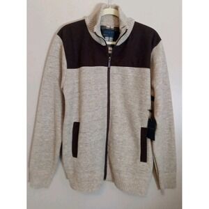 Day And Age Men Brown Corduroy Beige Colorblock Lined‎ Zip Knit Jacket Size L